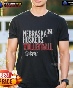 Good Nebraska Huskers Volleyball text logo overlay T-shirt featuring bold graphics and team colors for fans.
