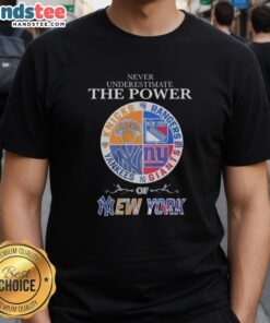 New York Knicks Rangers Yankees Giants mashup logo T-shirt showcasing team spirit and urban style.