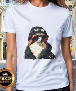 New York Jets mascot in a beanie and sunglasses, showcasing team spirit on a ladies' tee.
