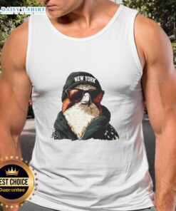 New York Jets mascot wearing a beanie and sunglasses, sporting a tank top, ready for game day excitement.