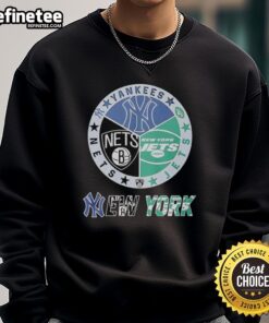 Good New York Jets, Nets, and Yankees mashup logo sweatshirt featuring vibrant team colors and stylish design.