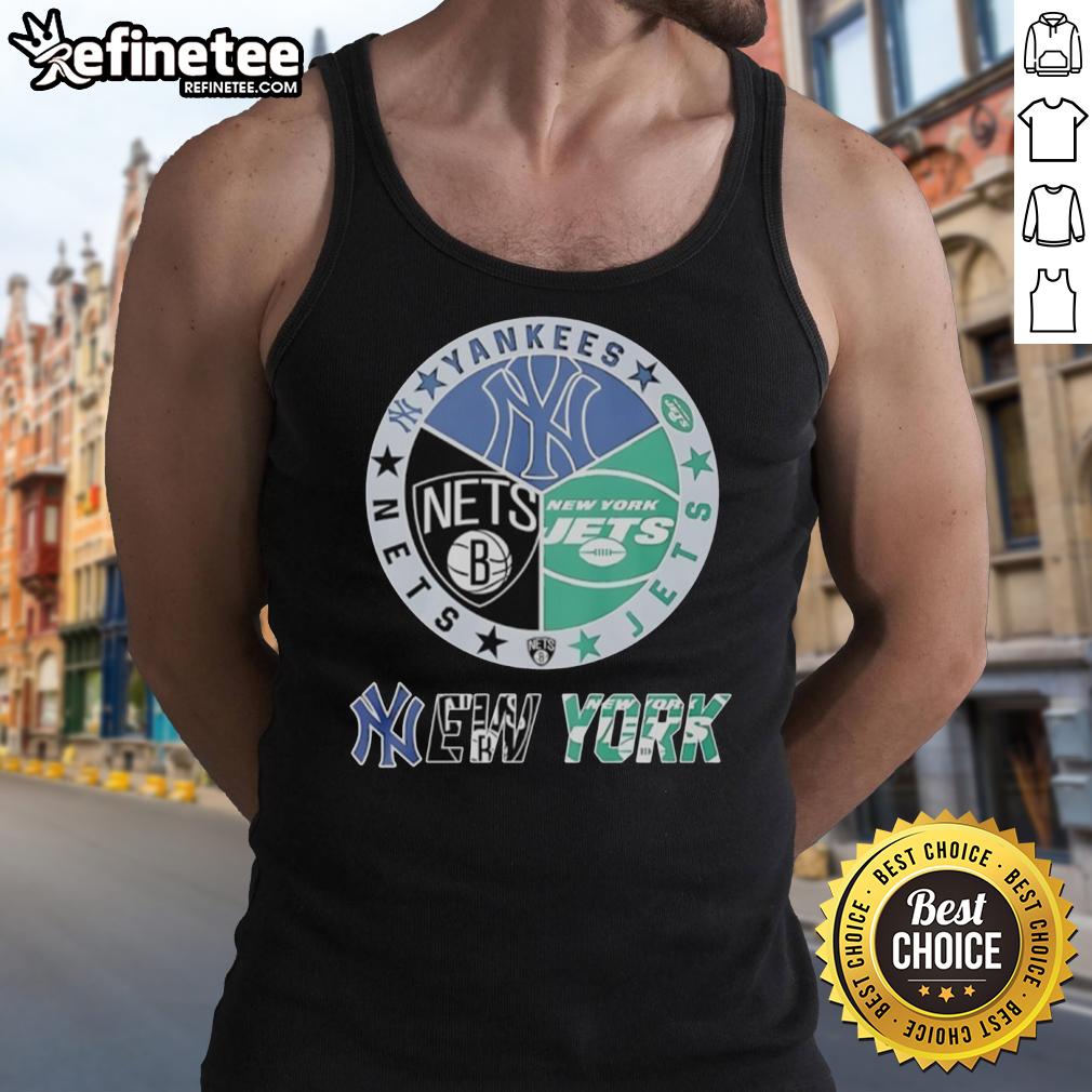 good-new-york-jets-new-york-nets-new-york-yankees-mashup-logo-tank-top Stylish tank top featuring a mashup logo of the New York Jets, Nets, and Yankees for sports fans.