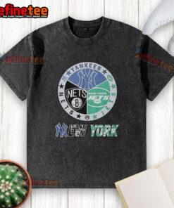 Good New York Jets, Nets, and Yankees mashup logo on a washed t-shirt, perfect for sports fans and casual wear.