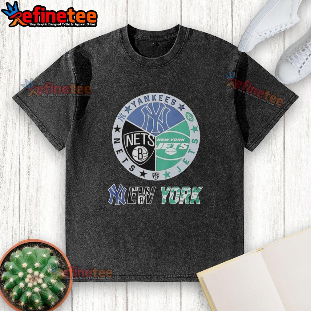 good-new-york-jets-new-york-nets-new-york-yankees-mashup-logo-washed-t-shirt Good New York Jets, Nets, and Yankees mashup logo on a washed t-shirt, perfect for sports fans and casual wear.