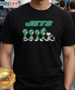 Alt Text: Good New York Jets X Peanuts Snoopy and Friends Abbey Road T-Shirt featuring iconic characters crossing the street.