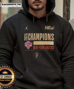 2025 Emirates NBA Cup Champions New York Knicks hoodie featuring team colors and logo, perfect for fans.