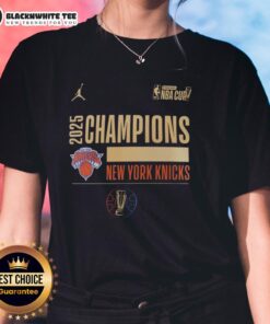 New York Knicks Basketball Emirates NBA Cup Champions 2025 ladies tee featuring team logo and stylish design.