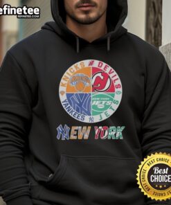 Good New York Knicks, New Jersey Devils, Yankees, Jets mashup logo hoodie showcasing iconic NYC sports teams.