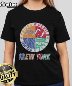 Good New York Knicks New Jersey Devils Yankees Jets mashup logo on a ladies tee, perfect for sports fans.