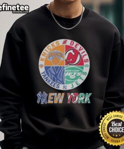 Good New York Knicks, New Jersey Devils, Yankees, Jets mashup logo sweatshirt featuring iconic team colors and designs.