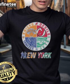 Good New York Knicks, New Jersey Devils, Yankees, Jets mashup logo T-shirt showcasing iconic NYC sports teams.