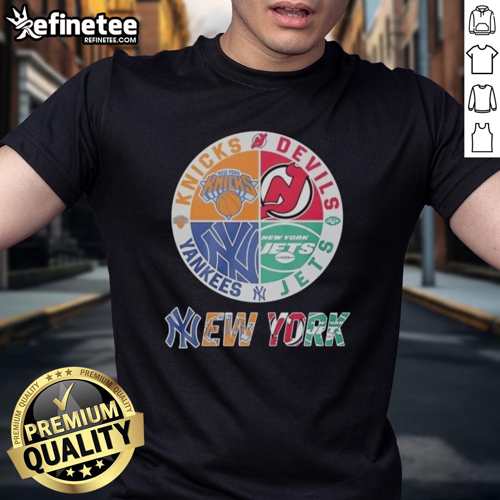good-new-york-knicks-new-jersey-devils-york-yankees-new-york-jets-mashup-logo-t-shirt Good New York Knicks, New Jersey Devils, Yankees, Jets mashup logo T-shirt showcasing iconic NYC sports teams.