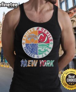 Good New York Knicks New Jersey Devils Yankees Jets mashup logo tank top showcasing iconic NYC sports teams.