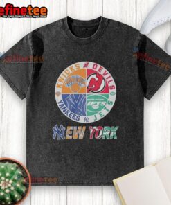 Good New York Knicks, New Jersey Devils, Yankees, Jets mashup logo on a washed t-shirt, perfect for sports fans.
