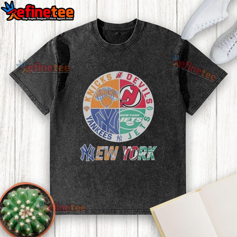 good-new-york-knicks-new-jersey-devils-york-yankees-new-york-jets-mashup-logo-washed-t-shirt Good New York Knicks, New Jersey Devils, Yankees, Jets mashup logo on a washed t-shirt, perfect for sports fans.