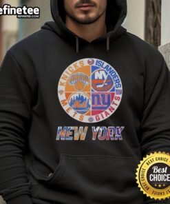 Good New York Knicks, Islanders, Mets, Giants mashup logo hoodie featuring vibrant team colors and unique design.