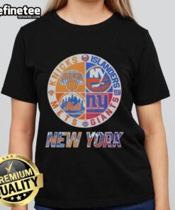 Good New York Knicks, Islanders, Mets, Giants mashup logo on a ladies tee, perfect for NYC sports fans.