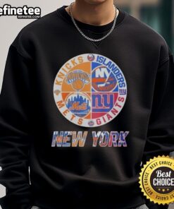 Alt Text: Stylish sweatshirt featuring a mashup logo of the New York Knicks, Islanders, Mets, and Giants for sports fans.