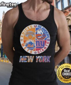 Good New York Knicks, Islanders, Mets, Giants mashup logo tank top showcasing NYC sports team pride.