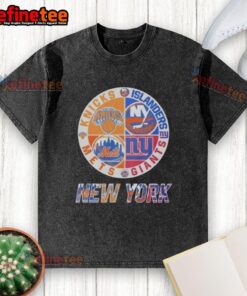 Good New York Knicks Islanders Mets Giants Mashup Logo Washed T-Shirt showcasing iconic NYC sports team designs.