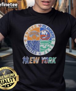 Good New York Knicks, Islanders, Yankees, and Jets mashup logo t-shirt showcasing NYC sports team pride.