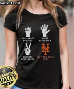 Good New York Mets ladies tee featuring 'Nothing Beats Rock, Paper, Scissors' design for fans and casual wear.