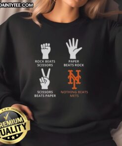 Alt Text: Good New York Mets sweatshirt featuring 'Nothing Beats Rock, Paper, Scissors' design in vibrant colors.