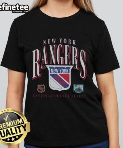 Vintage New York Rangers ladies tee featuring classic team colors and logo, perfect for hockey fans and casual wear.