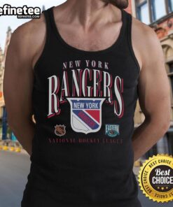 Vintage New York Rangers tank top featuring a classic crease design, perfect for hockey fans and summer wear.