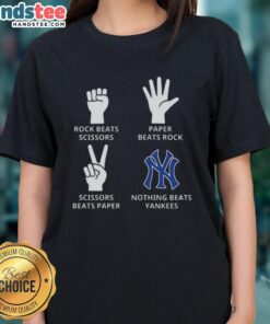Good New York Yankees ladies tee featuring 'Rock, Paper, Scissors' graphic, perfect for fans and casual wear.
