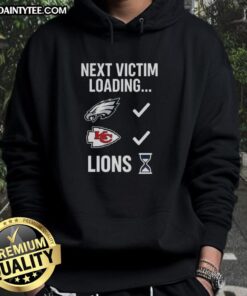 Alt Text: Good Next Victim Loading hoodie featuring lions and an hourglass design, perfect for stylish streetwear.