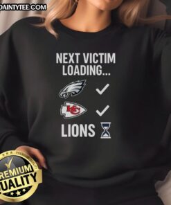 Good Next Victim Loading Lions Hourglass Sweatshirt featuring a stylish lion graphic and hourglass design in vibrant colors.
