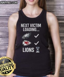 Good Next Victim Loading Lions Hourglass Tank Top featuring a vibrant lion graphic on a stylish tank top design.