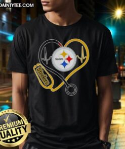 Good Nurse Love Pittsburgh Steelers T-Shirt featuring a heart design, perfect for nurses and Steelers fans.