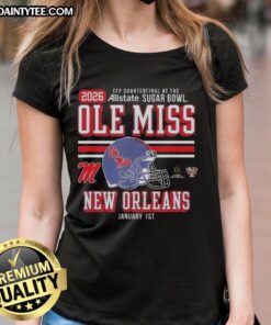 Alt Text: Good Ole Miss Rebels CFP Quarterfinal at Sugar Bowl 2026, New Orleans, Jan 1st - Ladies Tee featuring team colors.