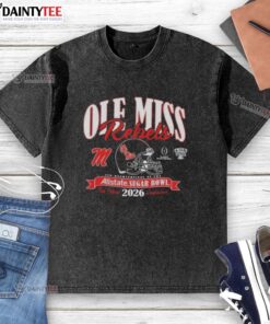 Good Ole Miss Rebels College Football Playoff 2026 Sugar Bowl washed t-shirt in navy blue with vintage logo design.