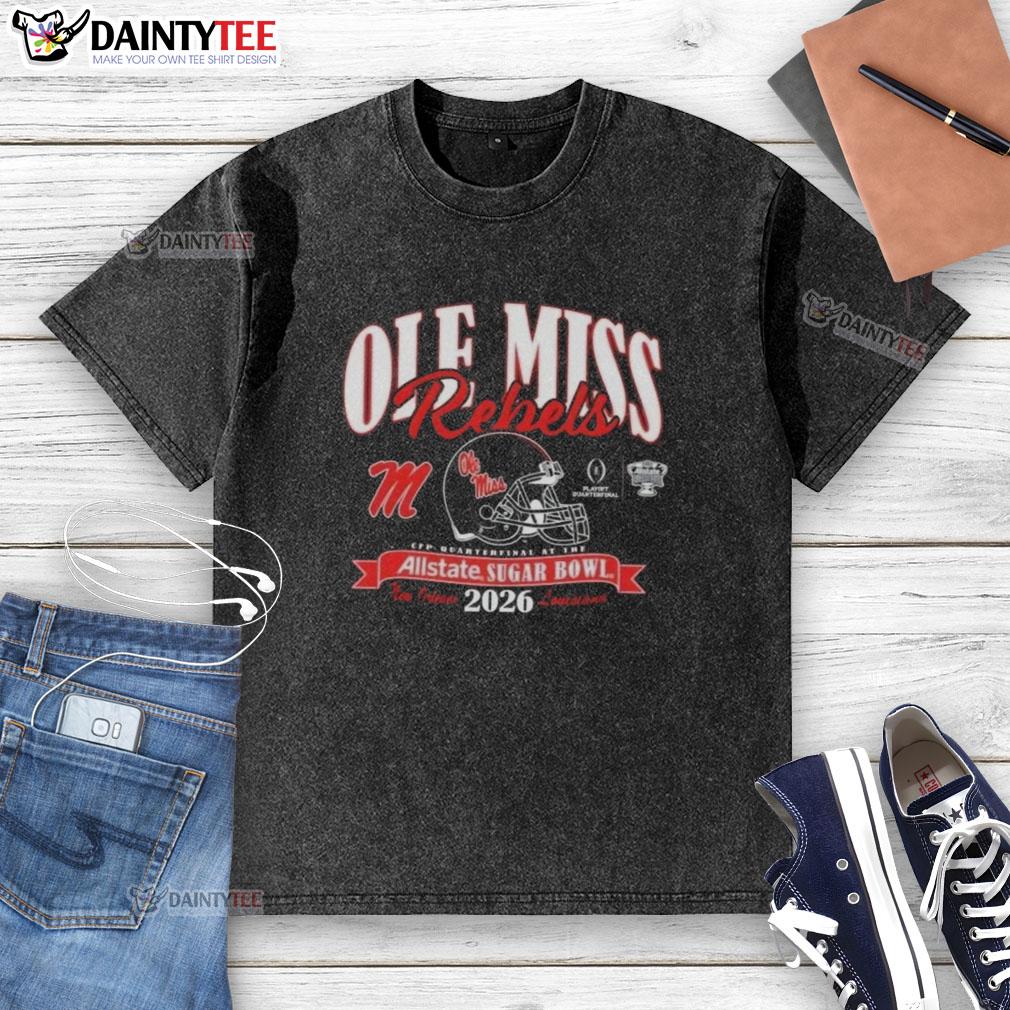 good-ole-miss-rebels-college-football-playoff-2026-sugar-bowl-washed-t-shirt Good Ole Miss Rebels College Football Playoff 2026 Sugar Bowl washed t-shirt in navy blue with vintage logo design.