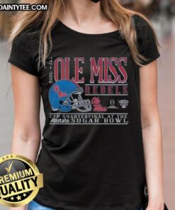 Alt Text: Good Ole Miss Rebels Football 2025 Sugar Bowl CFP Quarterfinal helmet on a ladies tee, showcasing team spirit.