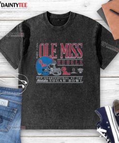 Alt Text: Good Ole Miss Rebels football 2025 Allstate Sugar Bowl CFP quarterfinal helmet on a washed T-shirt.
