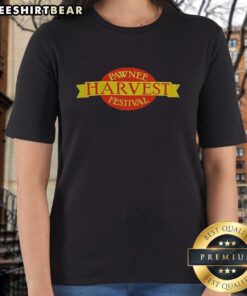 Good Pawnee Harvest Festival logo on a ladies tee, featuring vibrant colors and festive design celebrating community spirit.
