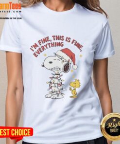 Good Peanuts Snoopy and Woodstock 'I'm Fine, This is Fine' Christmas lights ladies tee design for festive fun.