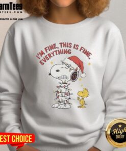 Alt Text: Good Peanuts Snoopy and Woodstock sweatshirt with Christmas lights, featuring 'I'm fine, this is fine' design.