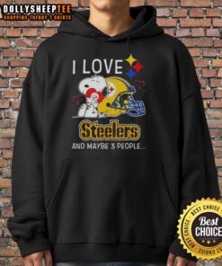 Alt Text: Snoopy hugging a heart on a hoodie that says 'I Love Pittsburgh Steelers and Maybe 3 People' - Good Peanuts design.