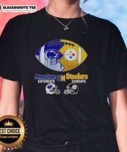 Women's tee featuring Penn State Nittany Lions for Saturdays and Pittsburgh Steelers for Sundays football.