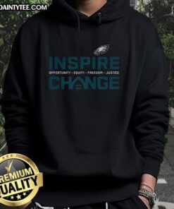 Alt Text: Good Philadelphia Eagles Inspire Change Equity Justice hoodie featuring team colors and logo for social impact.