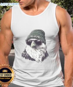 Good Philadelphia Eagles mascot wearing a beanie and sunglasses with a tank top, ready for game day fun.
