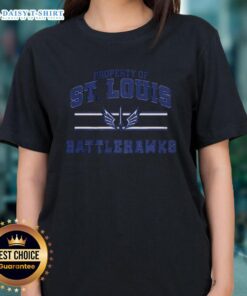 Alt Text: Good Property of St. Louis Battlehawks UFL logo stripes ladies tee showcasing team pride and style.