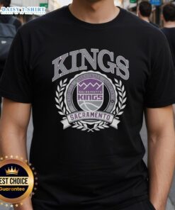 Alt Text: Retro Sacramento Kings NBA logo T-shirt featuring a laurel wreath frame design, perfect for basketball fans.