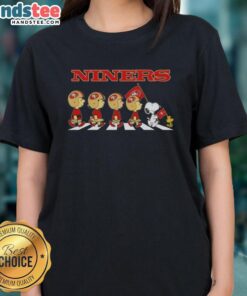 Alt Text: Good San Francisco 49ers X Peanuts Snoopy and Friends Abbey Road Ladies Tee featuring iconic characters in team colors.