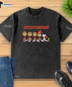 Good San Francisco 49ers X Peanuts Snoopy and Friends Abbey Road washed t-shirt featuring iconic characters in a fun design.